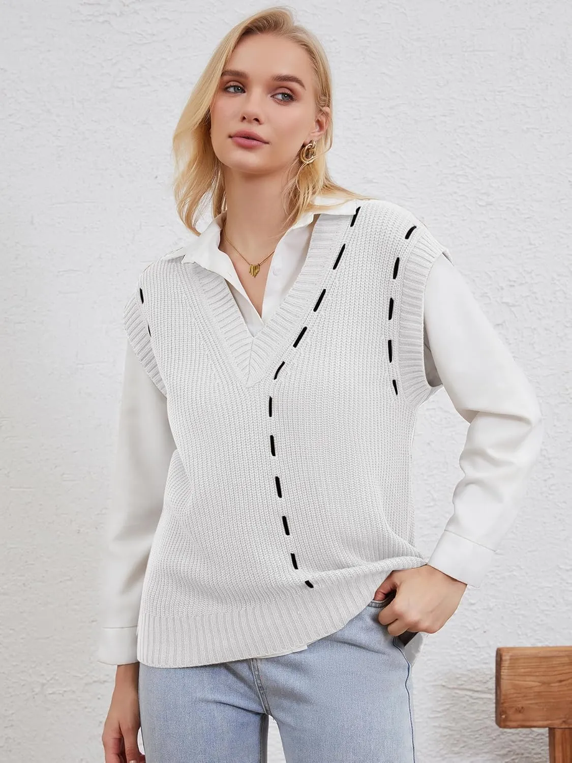 Oversized Sweater Vest Sleeveless Sweater Tops for Women Knit Vest