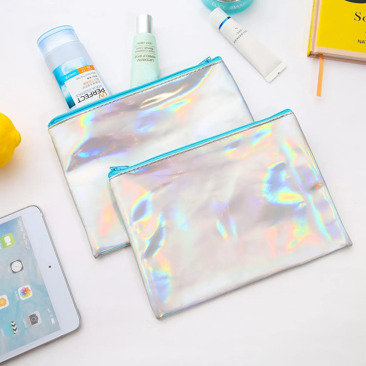 Palmhomee Holographic Laser Shiny Non-transparent PVC Makeup Handbag Organizer Pouch for Travel Toiletry Portable Waterproof Cosmetic Bag (Pack of 2)