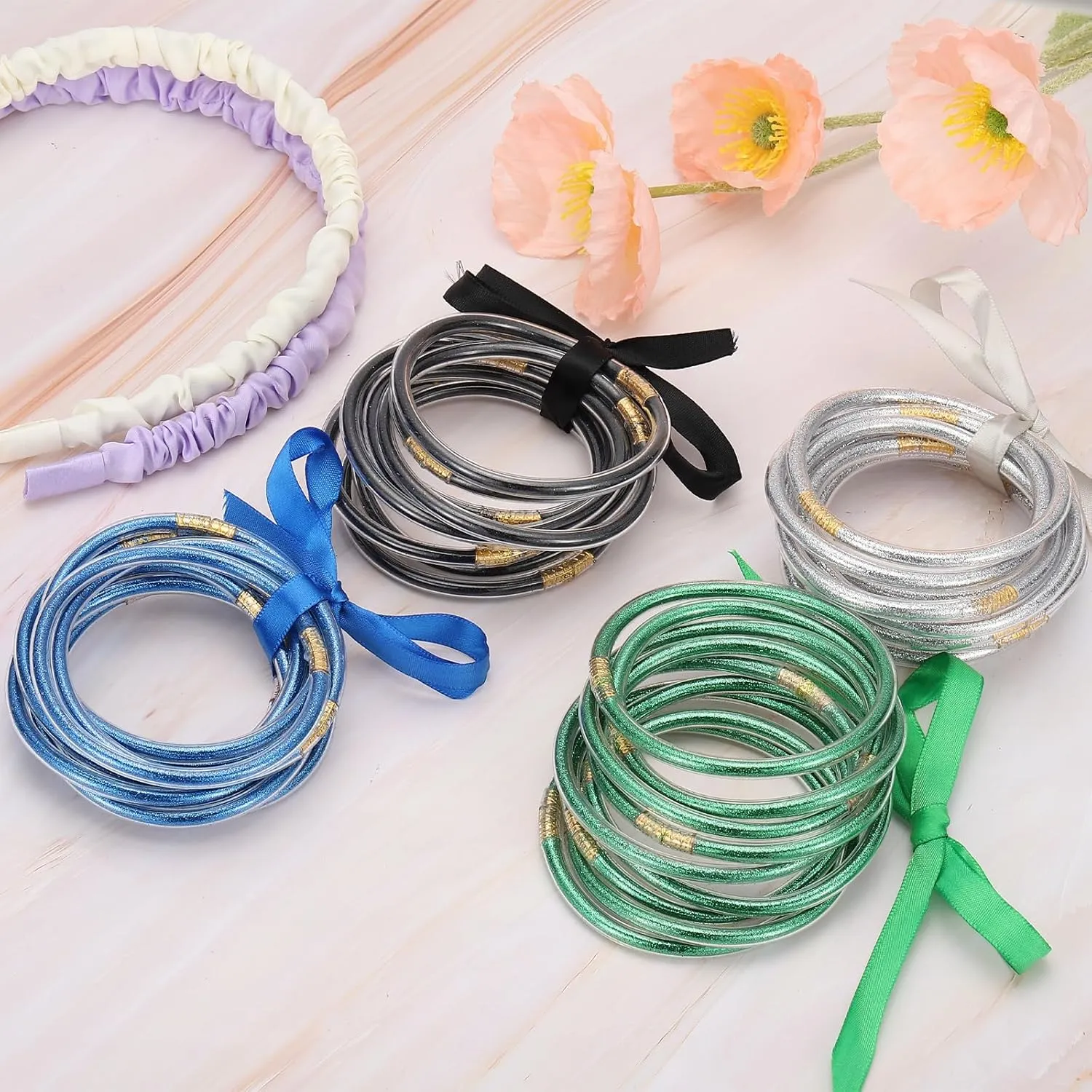 PATIKIL Glitter Bangles Bracelets, 9Pcs Shine Silicone Bracelets Glitter Filled Bracelet Sparkling Bangle for Decoration, Silver