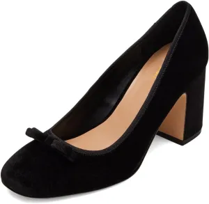 Pazzion Women Chic Round Closed Toe Pumps Velvet Double Bows Chunky High Heel Slip On Ladies Shoes for Daily Leisure Outdoor Size 4-16 US