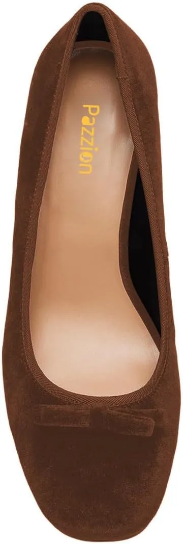 Pazzion Women Chic Round Closed Toe Pumps Velvet Double Bows Chunky High Heel Slip On Ladies Shoes for Daily Leisure Outdoor Size 4-16 US