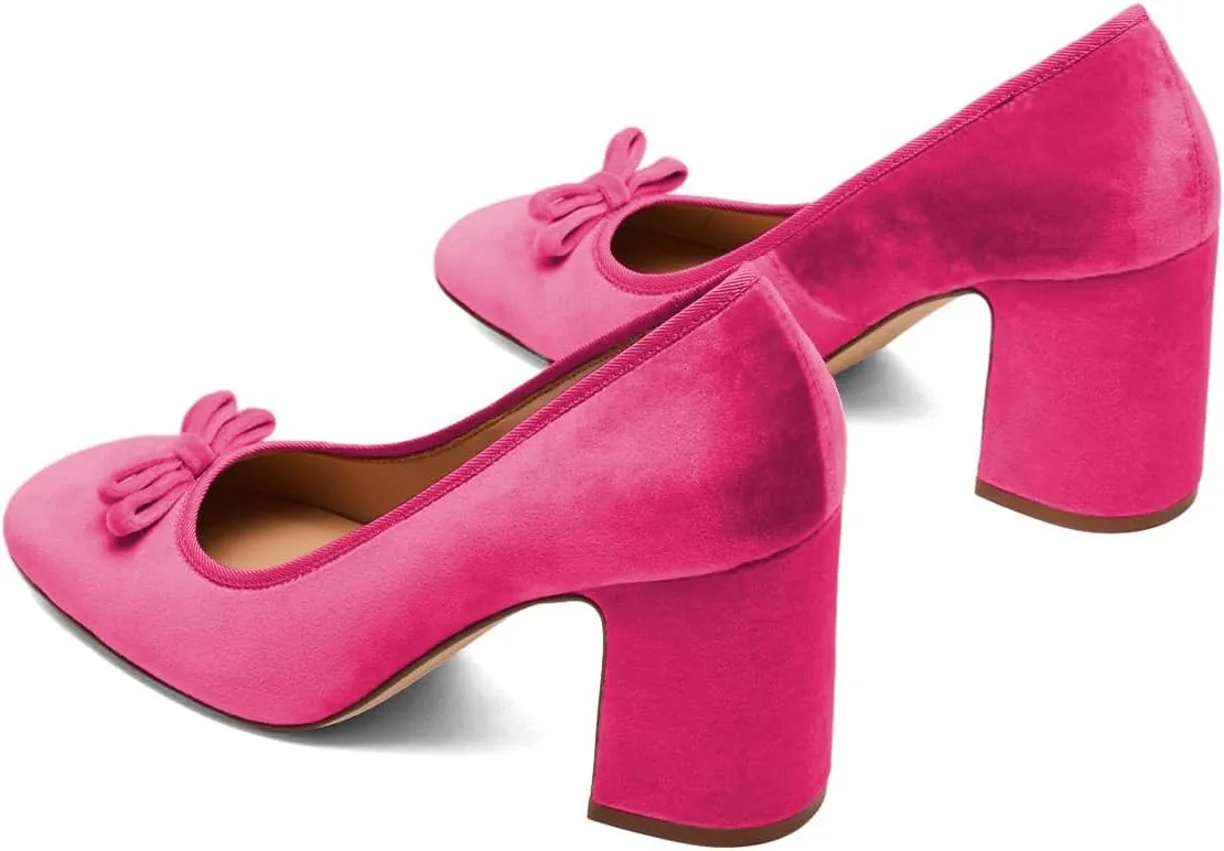 Pazzion Women Chic Round Closed Toe Pumps Velvet Double Bows Chunky High Heel Slip On Ladies Shoes for Daily Leisure Outdoor Size 4-16 US