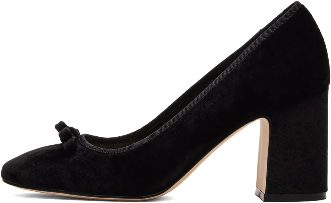 Pazzion Women Chic Round Closed Toe Pumps Velvet Double Bows Chunky High Heel Slip On Ladies Shoes for Daily Leisure Outdoor Size 4-16 US