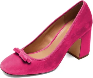 Pazzion Women Chic Round Closed Toe Pumps Velvet Double Bows Chunky High Heel Slip On Ladies Shoes for Daily Leisure Outdoor Size 4-16 US