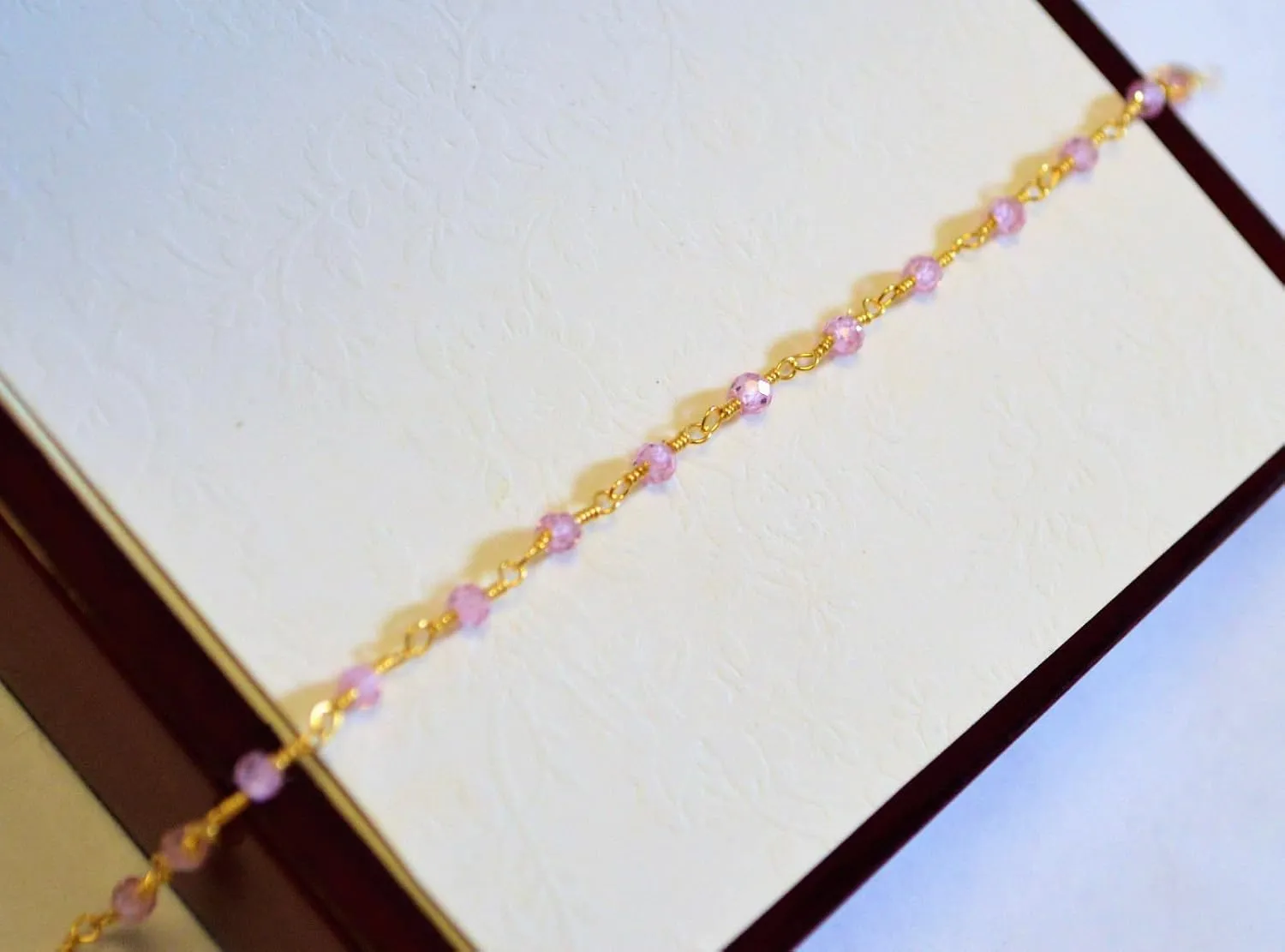 Pink Cubic Zirconia Bracelet/Anklet Faceted Rondelle Beads 24k Gold Plated Wire Wrapped Rosary Vermeil Link Chain (11.5 Inch Anklet)