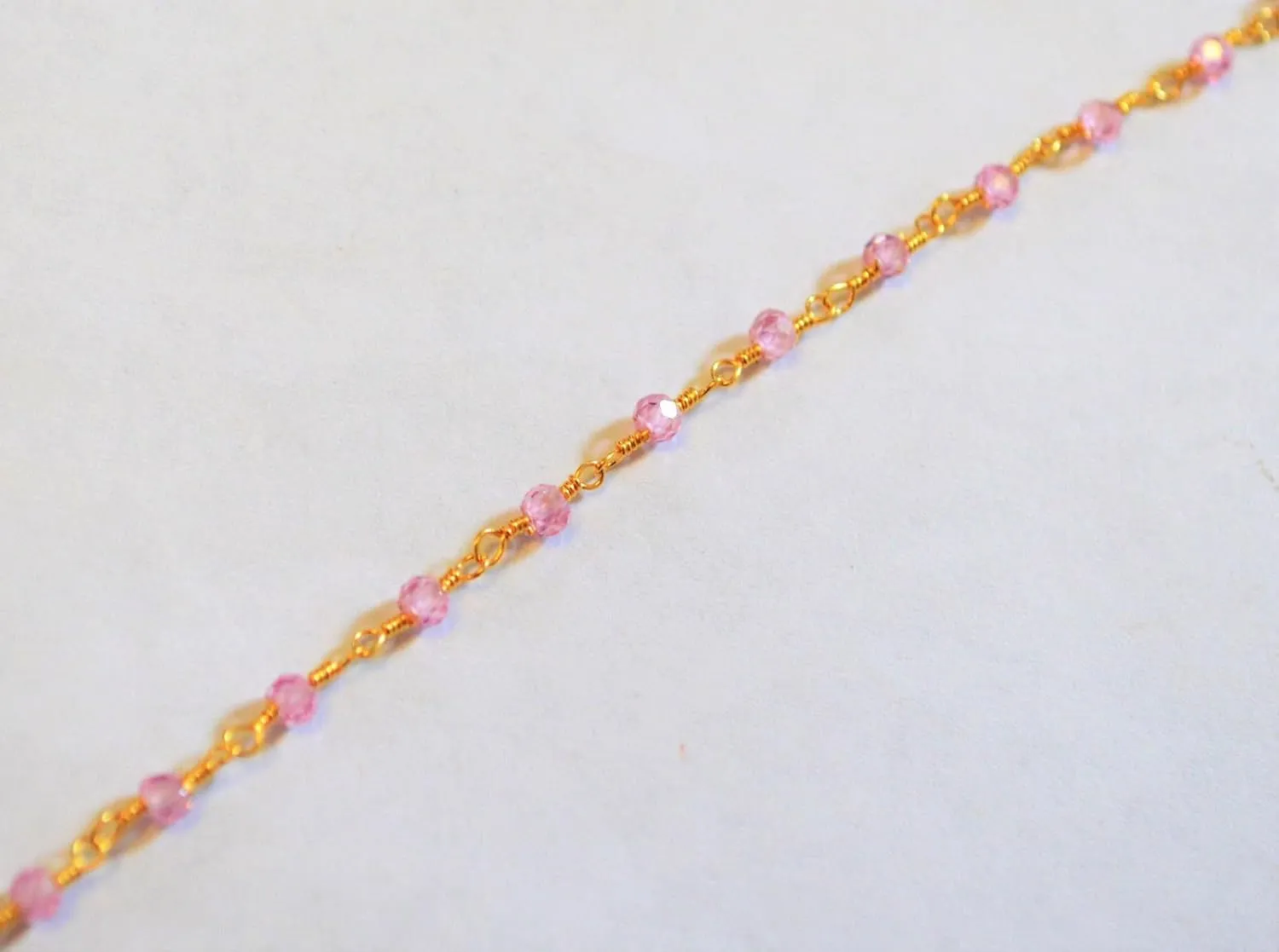 Pink Cubic Zirconia Bracelet/Anklet Faceted Rondelle Beads 24k Gold Plated Wire Wrapped Rosary Vermeil Link Chain (11.5 Inch Anklet)