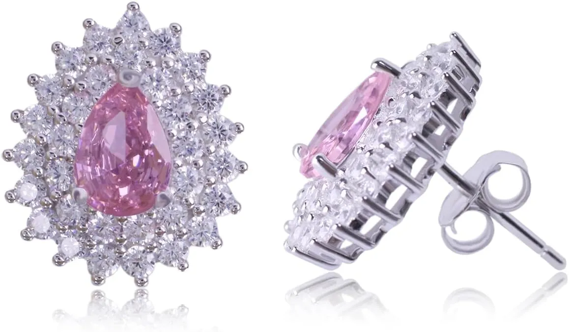 Pink Sapphire and Cubic Zirconia Stud Earrings, Sterling Silver s925, Hypoallergenifc,14k White Gold Plated, Teardrop Halo Design 