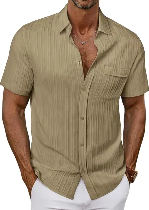 PJ PAUL JONES Mens Casual Button Down Shirt Textured Short Sleeve Summer Shirt wih Pocket