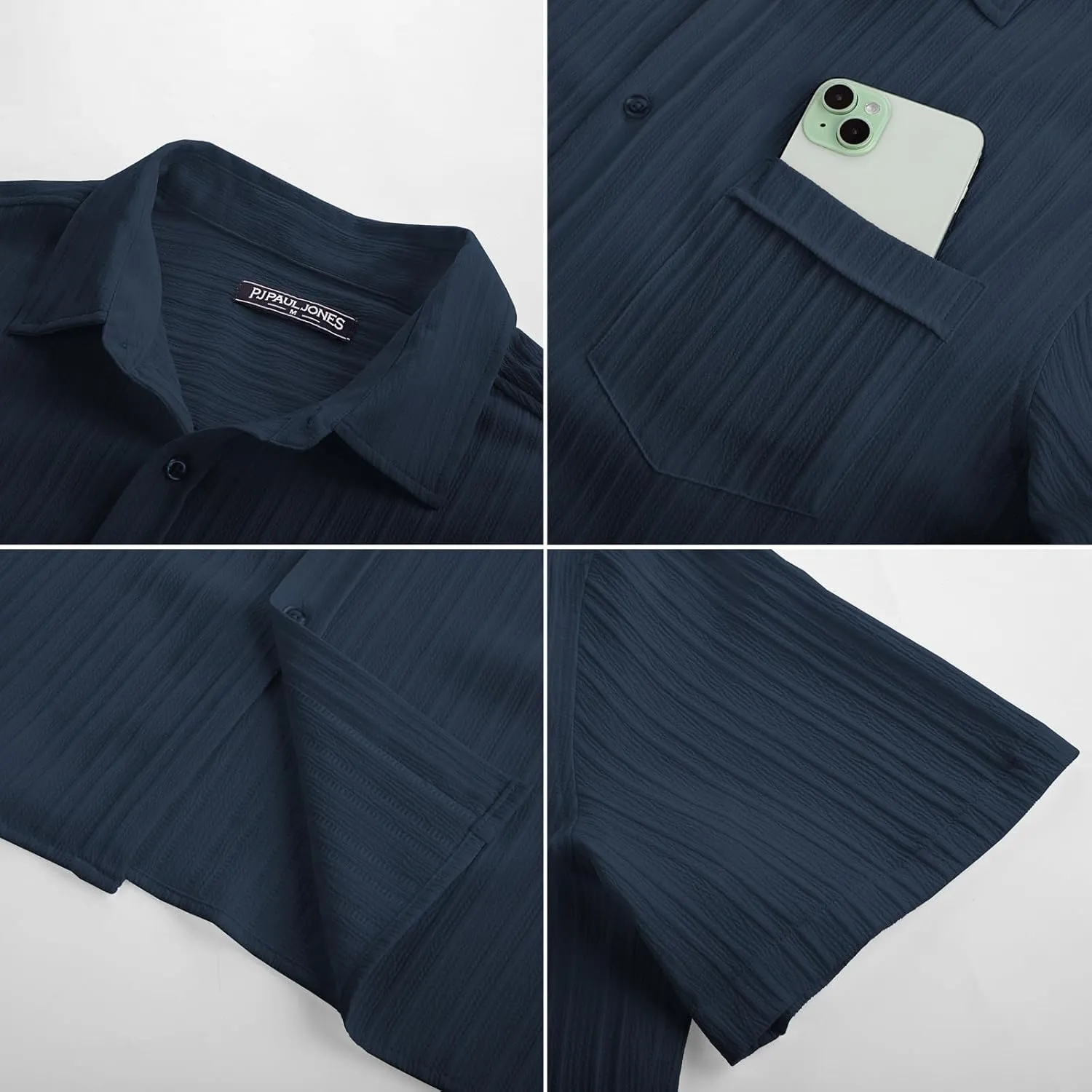 PJ PAUL JONES Mens Casual Button Down Shirt Textured Short Sleeve Summer Shirt wih Pocket