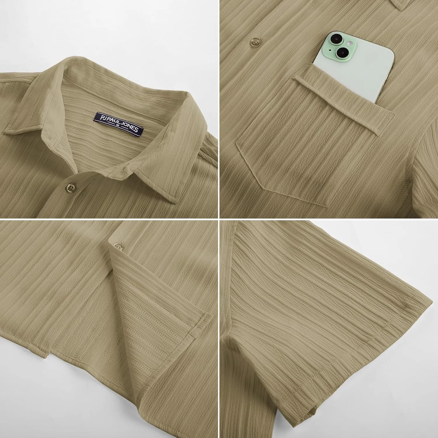 PJ PAUL JONES Mens Casual Button Down Shirt Textured Short Sleeve Summer Shirt wih Pocket