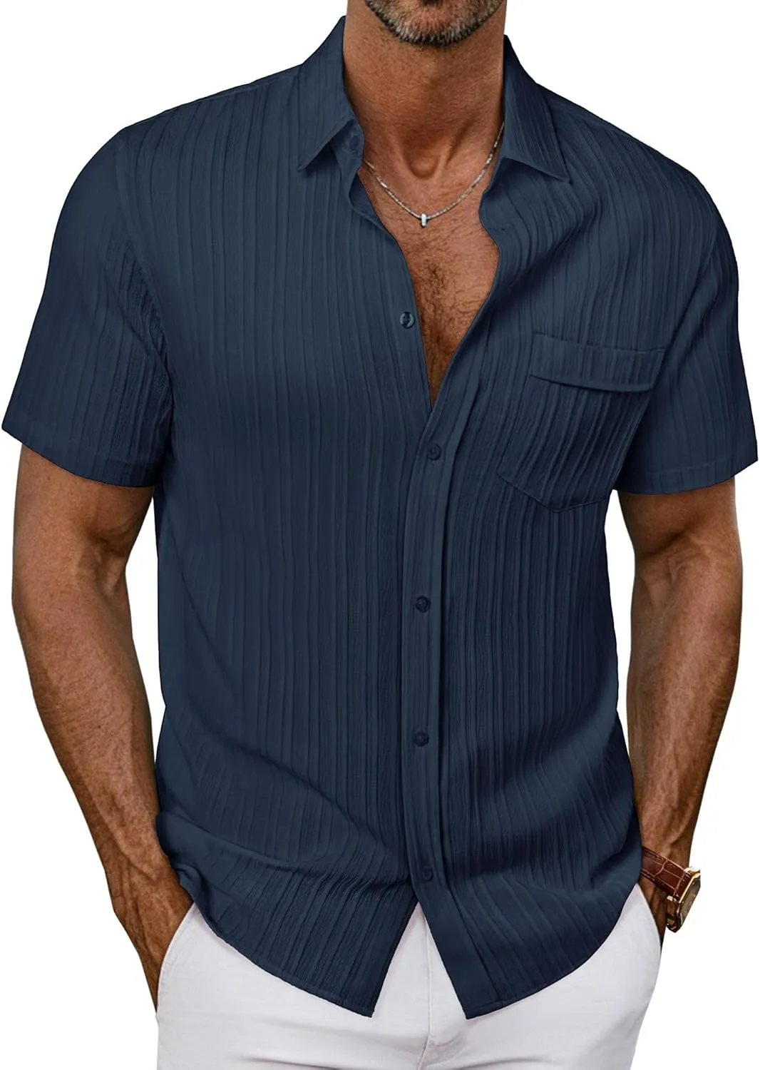 PJ PAUL JONES Mens Casual Button Down Shirt Textured Short Sleeve Summer Shirt wih Pocket