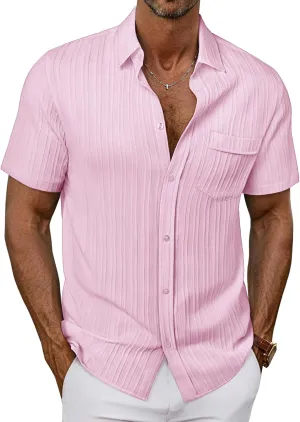 PJ PAUL JONES Mens Casual Button Down Shirt Textured Short Sleeve Summer Shirt wih Pocket