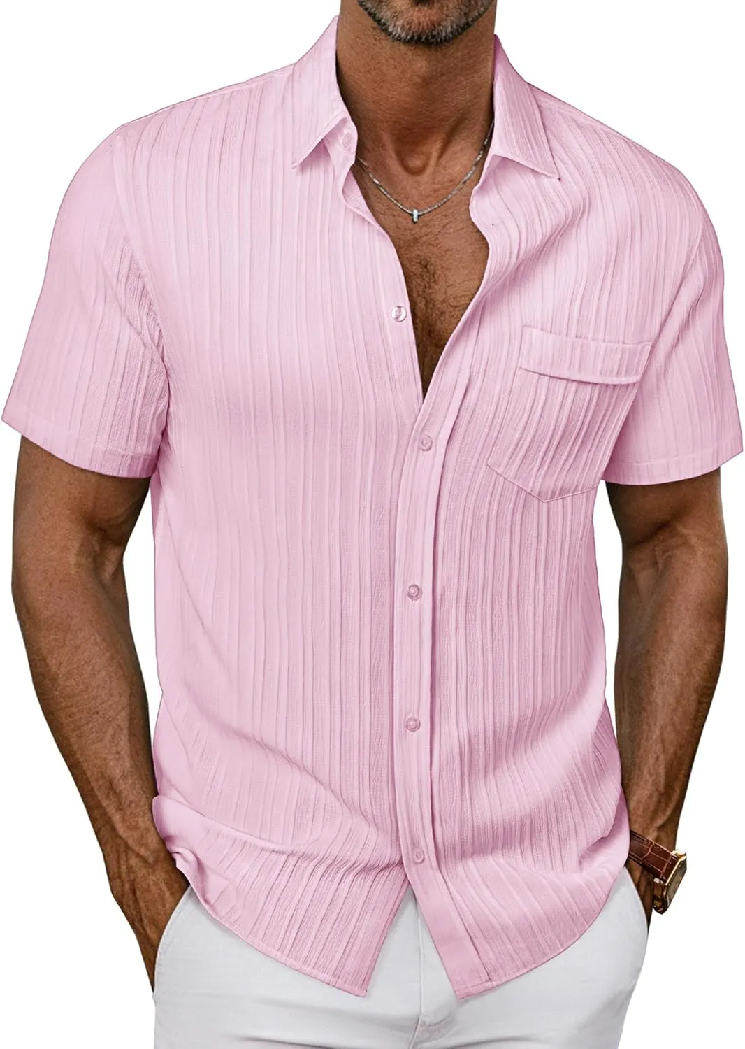 PJ PAUL JONES Mens Casual Button Down Shirt Textured Short Sleeve Summer Shirt wih Pocket