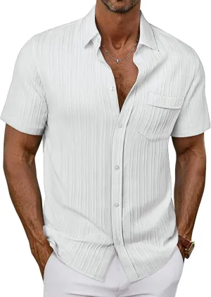 PJ PAUL JONES Mens Casual Button Down Shirt Textured Short Sleeve Summer Shirt wih Pocket