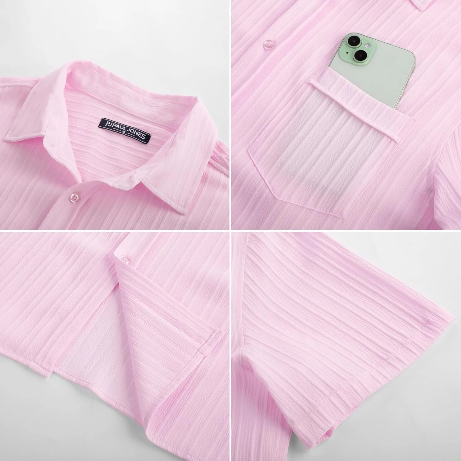 PJ PAUL JONES Mens Casual Button Down Shirt Textured Short Sleeve Summer Shirt wih Pocket