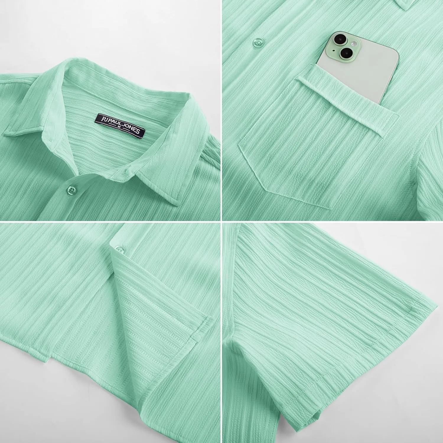 PJ PAUL JONES Mens Casual Button Down Shirt Textured Short Sleeve Summer Shirt wih Pocket