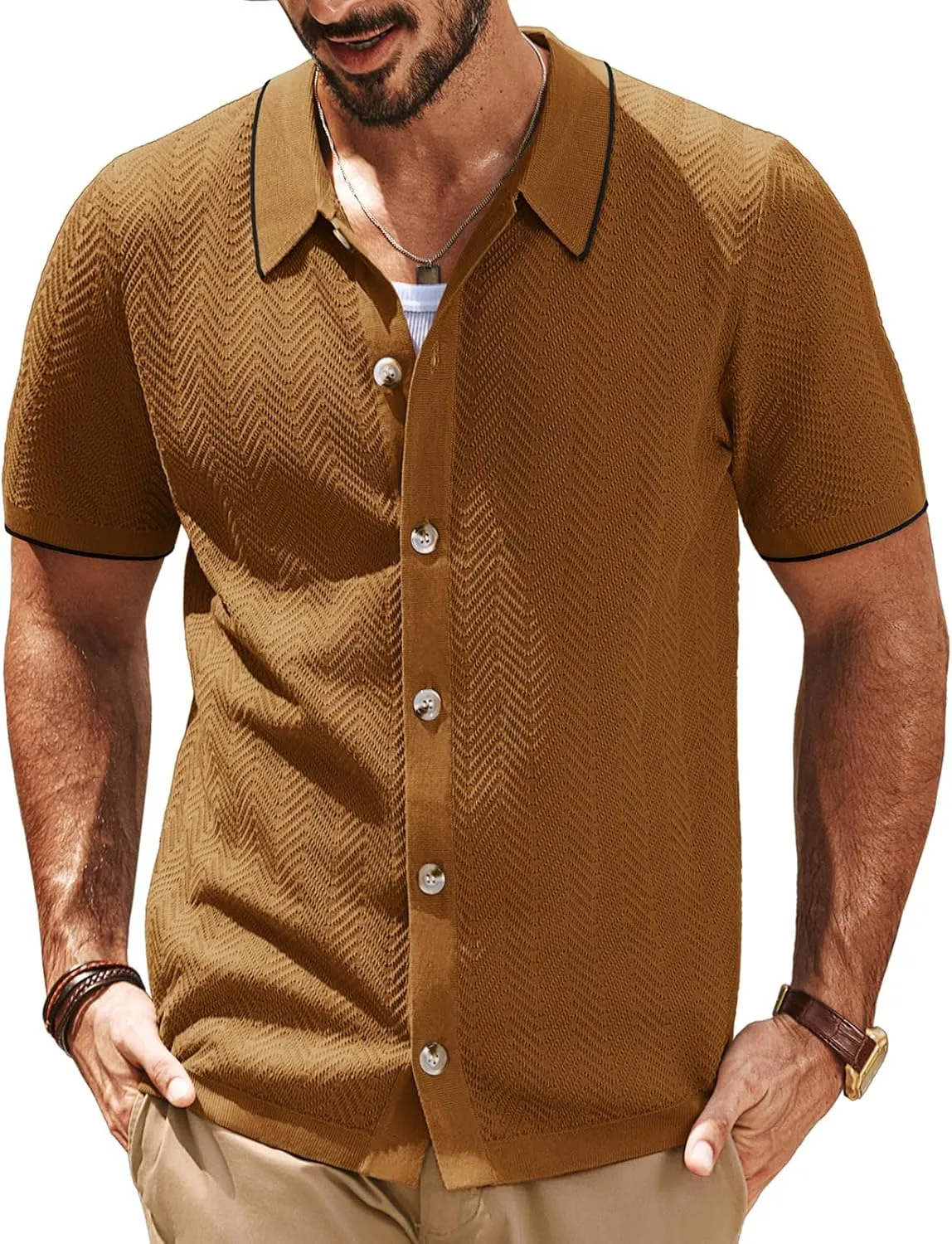 PJ PAUL JONES Men's Knit Polo Shirt Short Sleeve Button Down Shirt Vintage Summer Beach Shirts