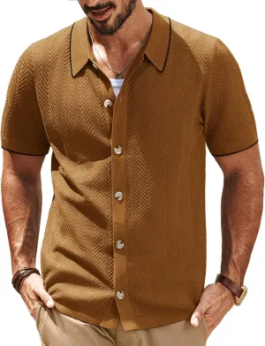 PJ PAUL JONES Men's Knit Polo Shirt Short Sleeve Button Down Shirt Vintage Summer Beach Shirts