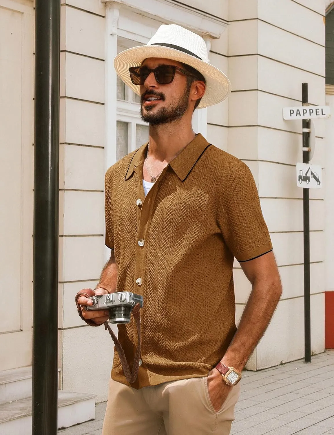 PJ PAUL JONES Men's Knit Polo Shirt Short Sleeve Button Down Shirt Vintage Summer Beach Shirts