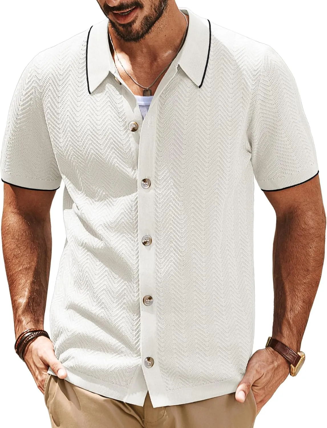 PJ PAUL JONES Men's Knit Polo Shirt Short Sleeve Button Down Shirt Vintage Summer Beach Shirts