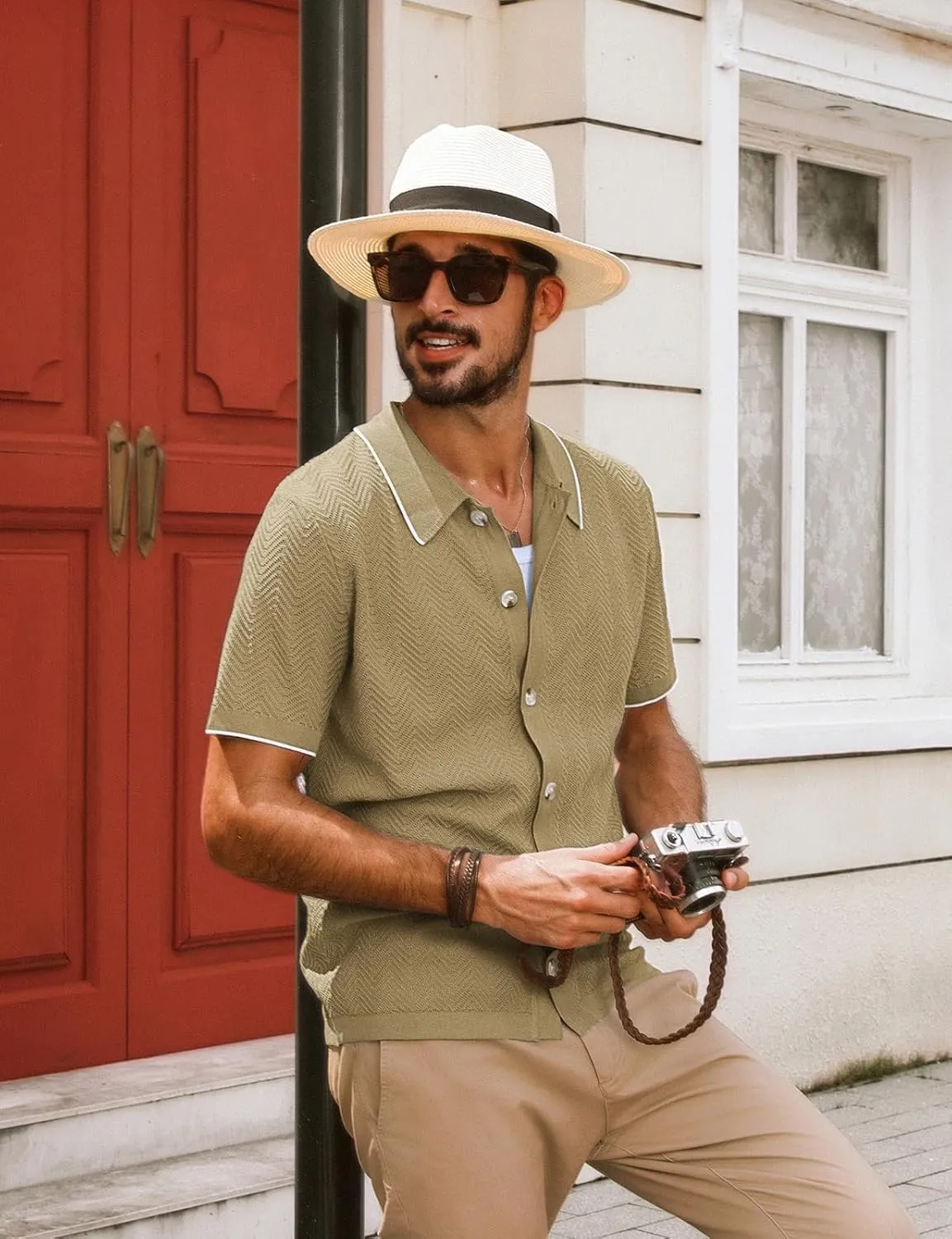 PJ PAUL JONES Men's Knit Polo Shirt Short Sleeve Button Down Shirt Vintage Summer Beach Shirts