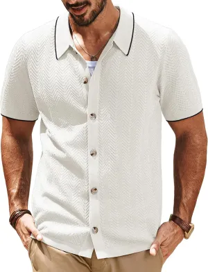 PJ PAUL JONES Men's Knit Polo Shirt Short Sleeve Button Down Shirt Vintage Summer Beach Shirts