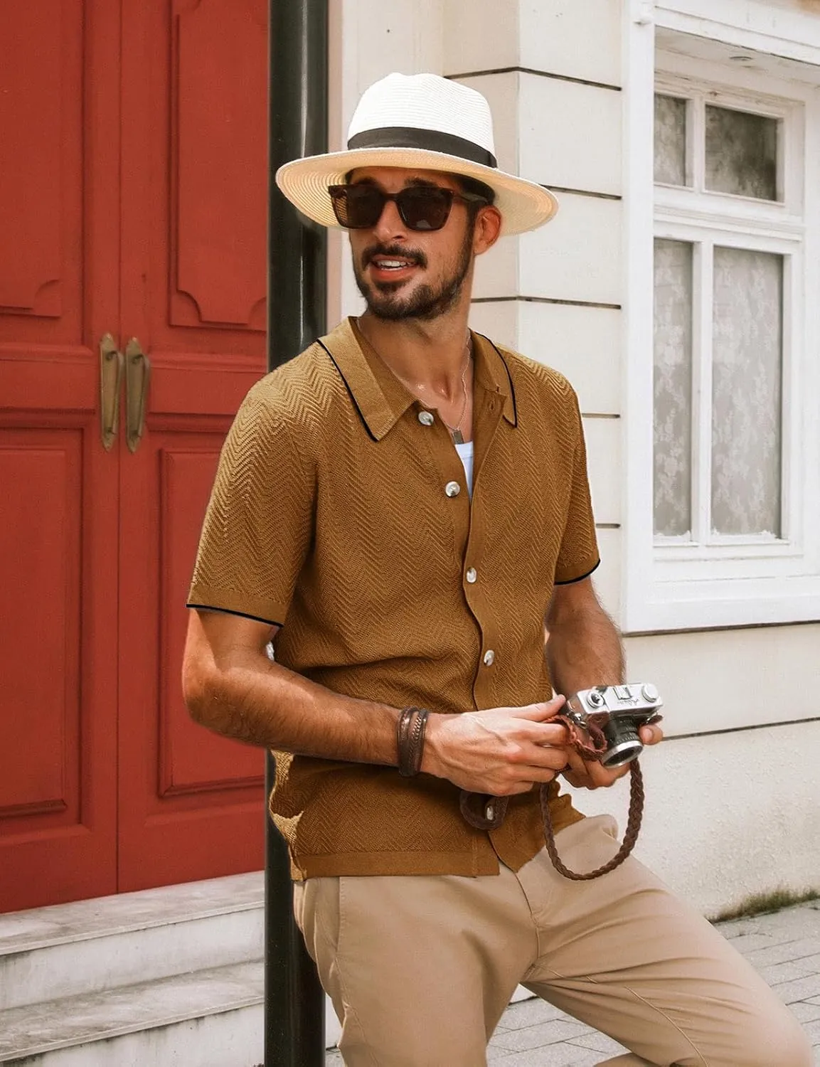 PJ PAUL JONES Men's Knit Polo Shirt Short Sleeve Button Down Shirt Vintage Summer Beach Shirts
