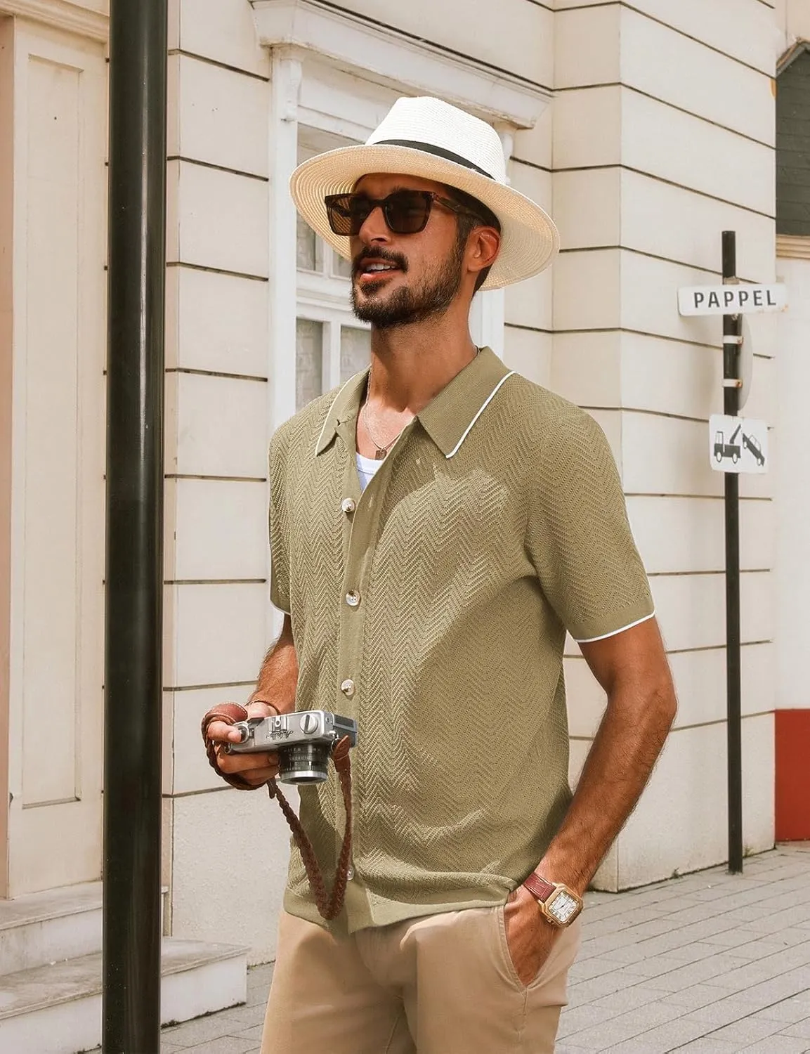 PJ PAUL JONES Men's Knit Polo Shirt Short Sleeve Button Down Shirt Vintage Summer Beach Shirts