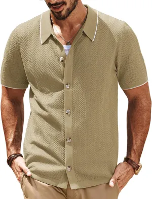 PJ PAUL JONES Men's Knit Polo Shirt Short Sleeve Button Down Shirt Vintage Summer Beach Shirts