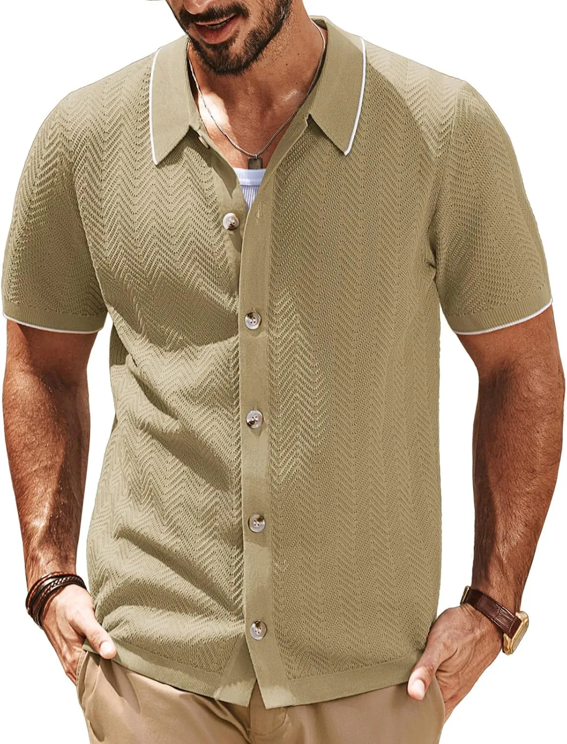 PJ PAUL JONES Men's Knit Polo Shirt Short Sleeve Button Down Shirt Vintage Summer Beach Shirts