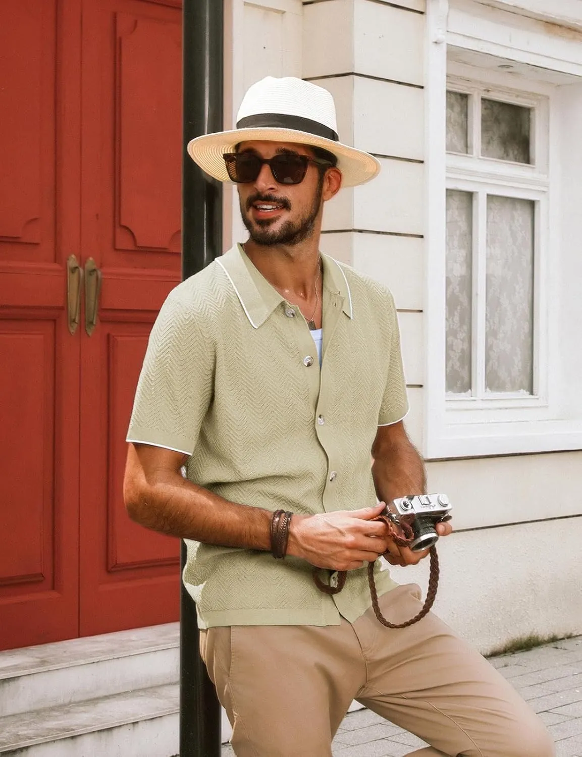 PJ PAUL JONES Men's Knit Polo Shirt Short Sleeve Button Down Shirt Vintage Summer Beach Shirts