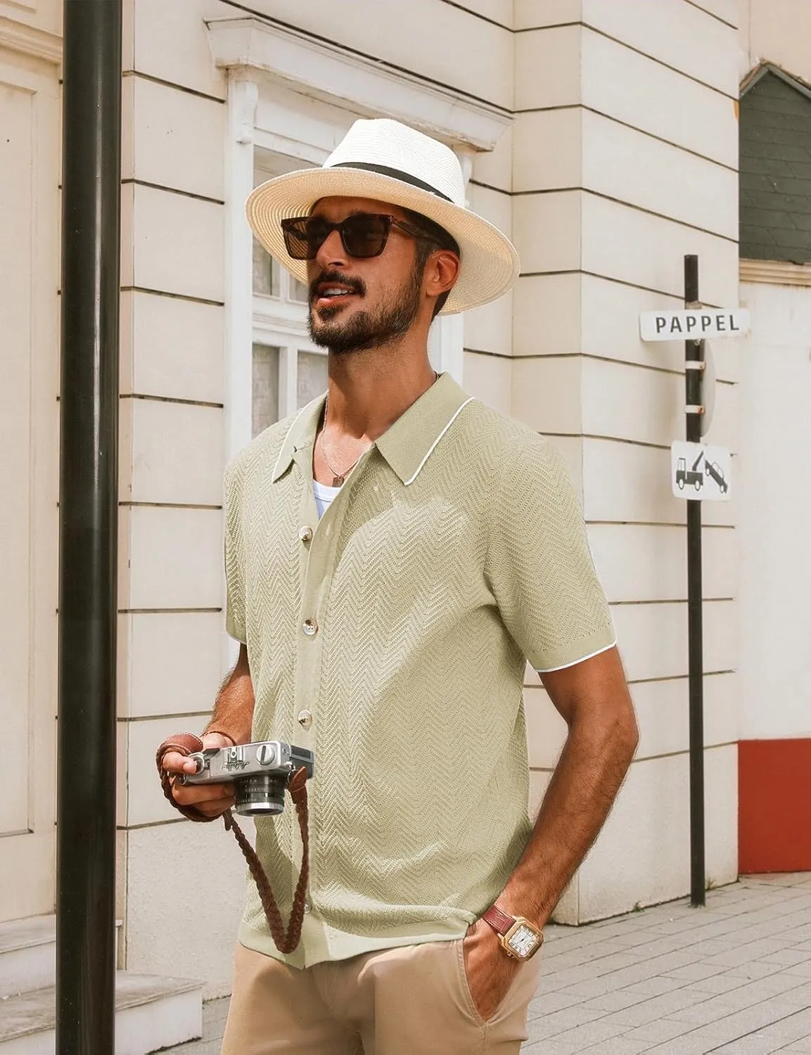 PJ PAUL JONES Men's Knit Polo Shirt Short Sleeve Button Down Shirt Vintage Summer Beach Shirts