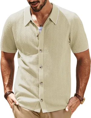 PJ PAUL JONES Men's Knit Polo Shirt Short Sleeve Button Down Shirt Vintage Summer Beach Shirts