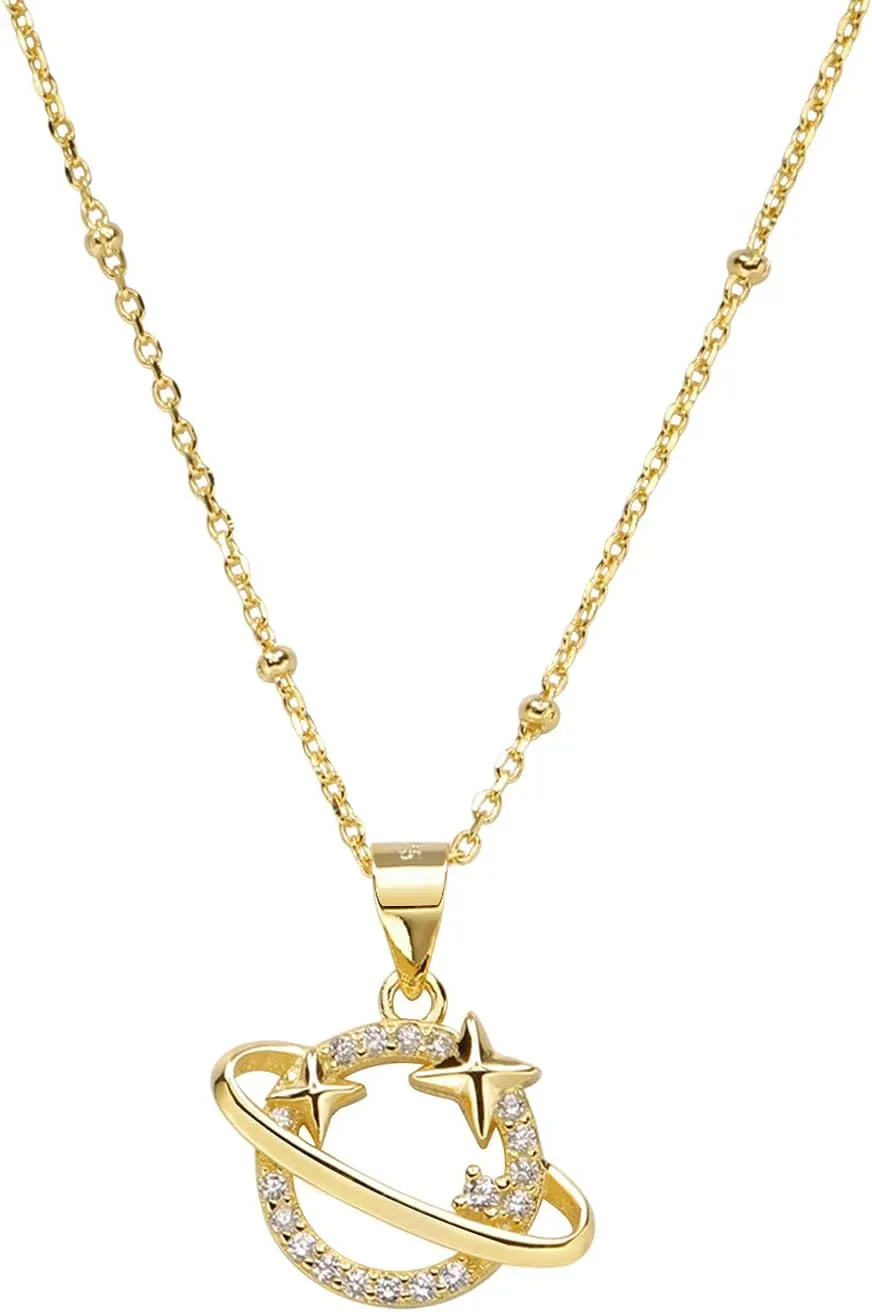 Planet Pendant Lady Girl Starry Necklace Faux Pearl Cz Necklace-Net Red Luxury S925 Sterling Silver Plated 18k Gold Saturn Planet Fashion Jewelry