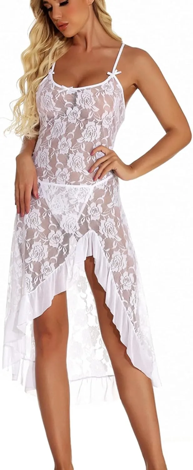 Plus Size Lingerie for Women Lace Embroidered Sleepwear Sexy Camis Nightdress Ruffle Midi Dress