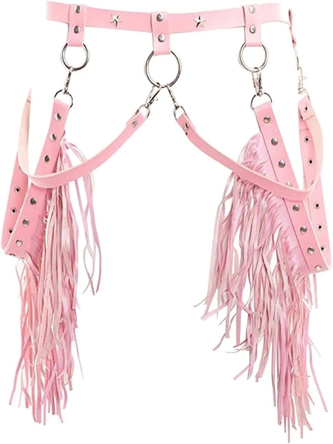 Punk Leather Waist Belts Chain Leg Harness Belt Body Chain Fringe Gothic Thigh Cage Body Accessory for Dress Dance(Pink)