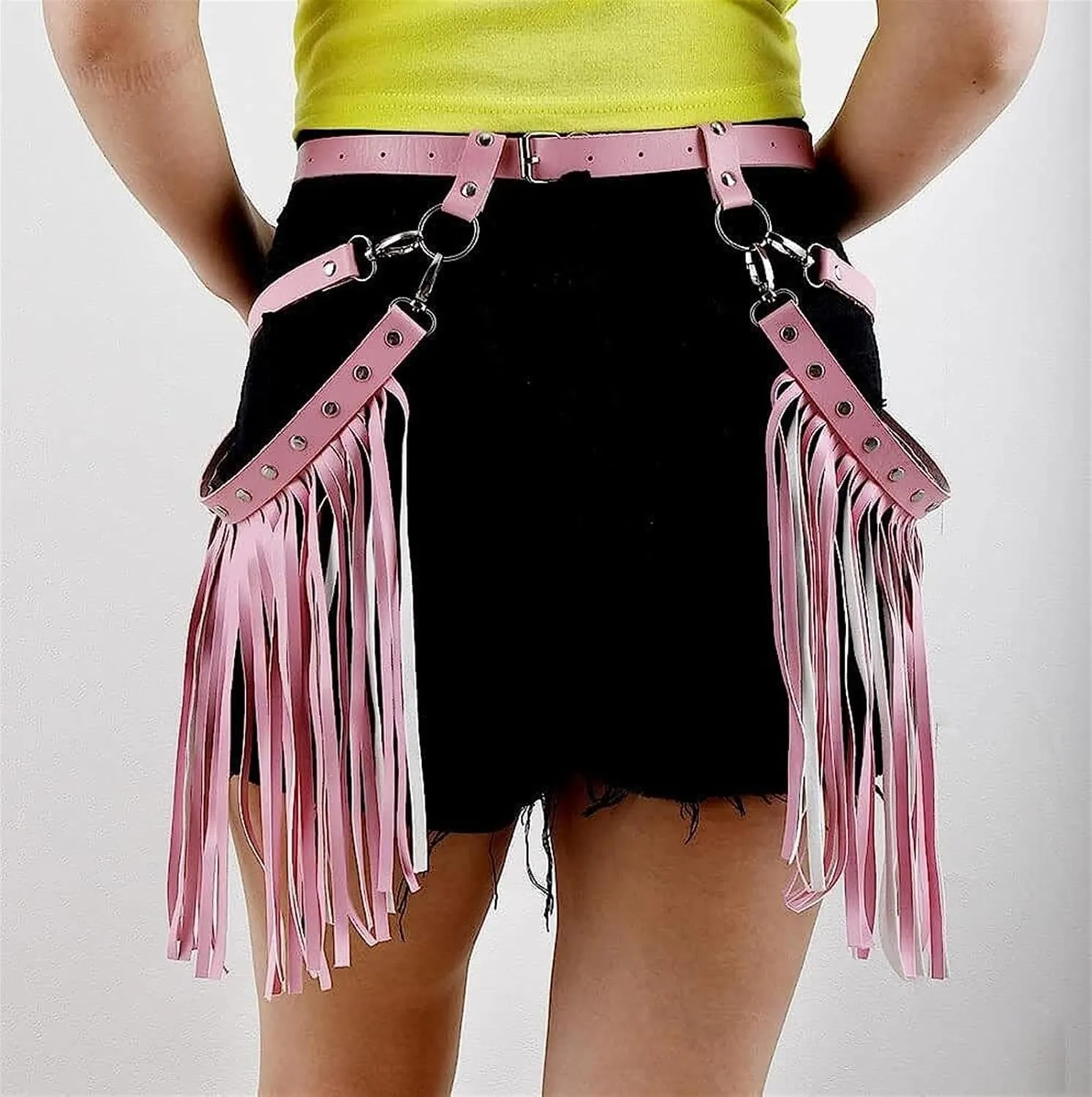 Punk Leather Waist Belts Chain Leg Harness Belt Body Chain Fringe Gothic Thigh Cage Body Accessory for Dress Dance(Pink)