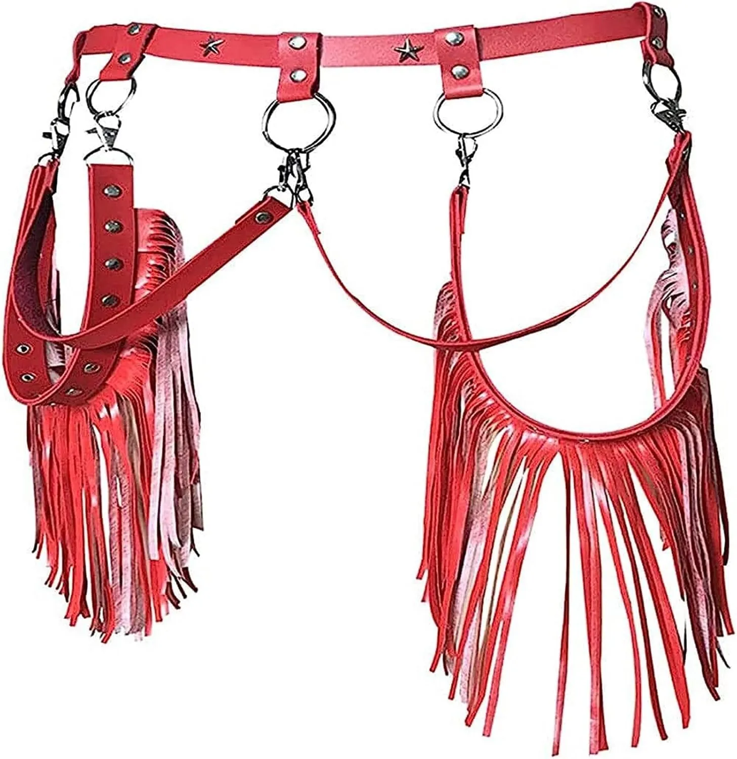 Punk Leather Waist Belts Chain Leg Harness Belt Body Chain Fringe Gothic Thigh Cage Body Accessory for Dress Dance(Rojo)