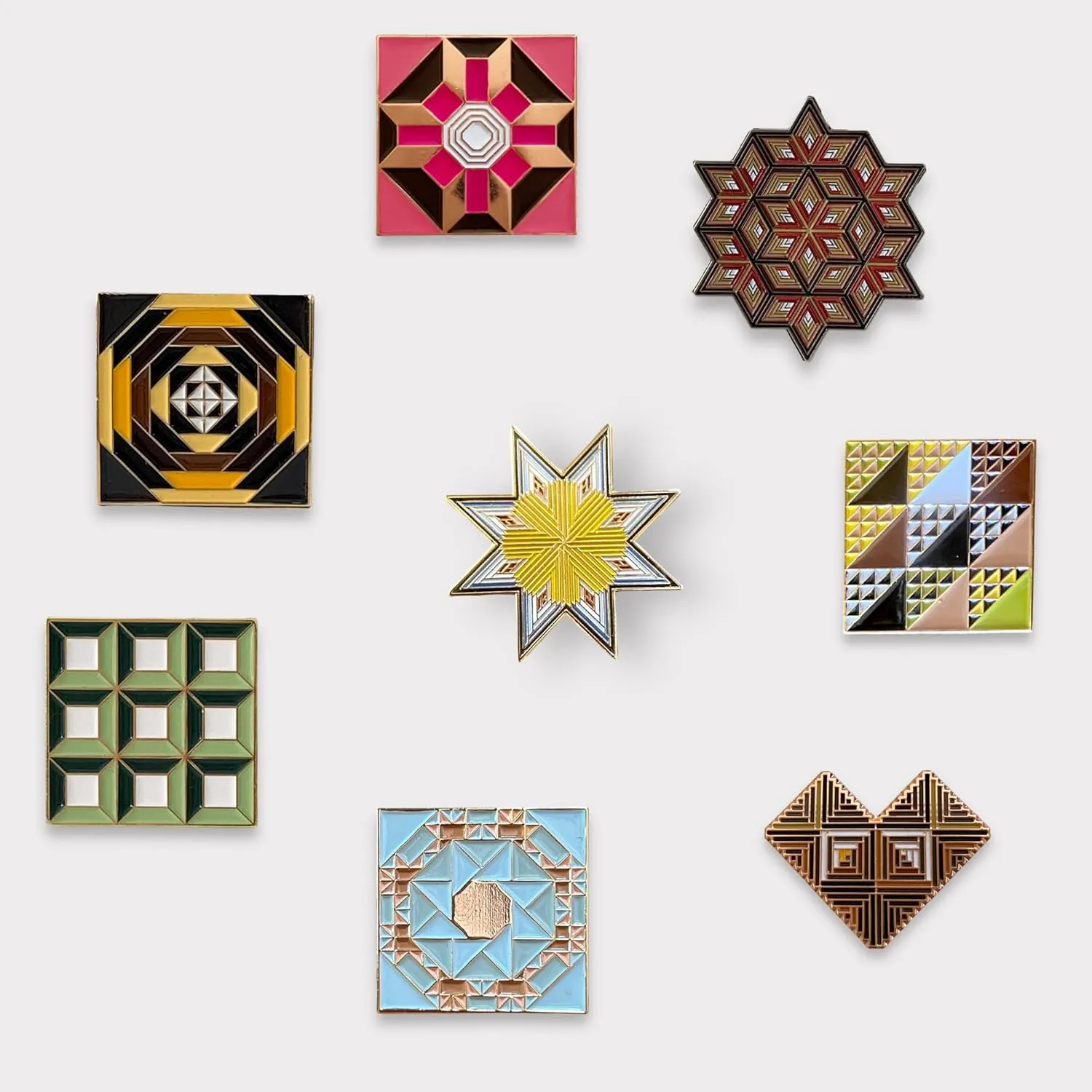 Quilt Inspired Enamel Pins, 1" Pins Featuring Quilt Block Patterns, Vibrant, Geometric Lapel Pin, Contemporary Design, Abstract Modern Brooch