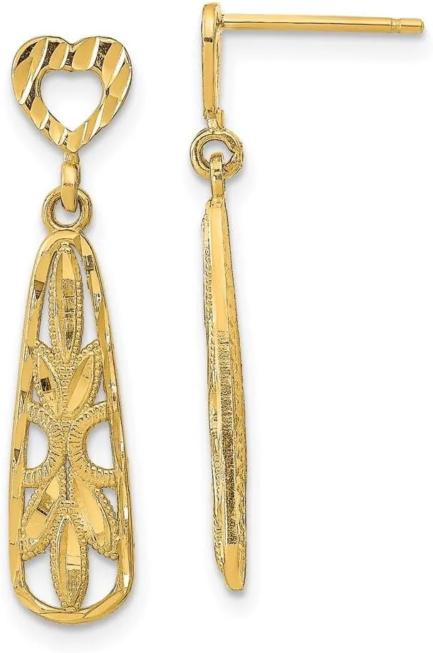 Real 14k Yellow Gold Teardrop Heart Dangle Studs Post Earrings