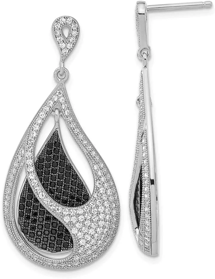 Real 925 Sterling Silver and CZ Cubic Zirconia True Fire Teardrop Dangle Studs Post Earrings - 42mm x 20mm