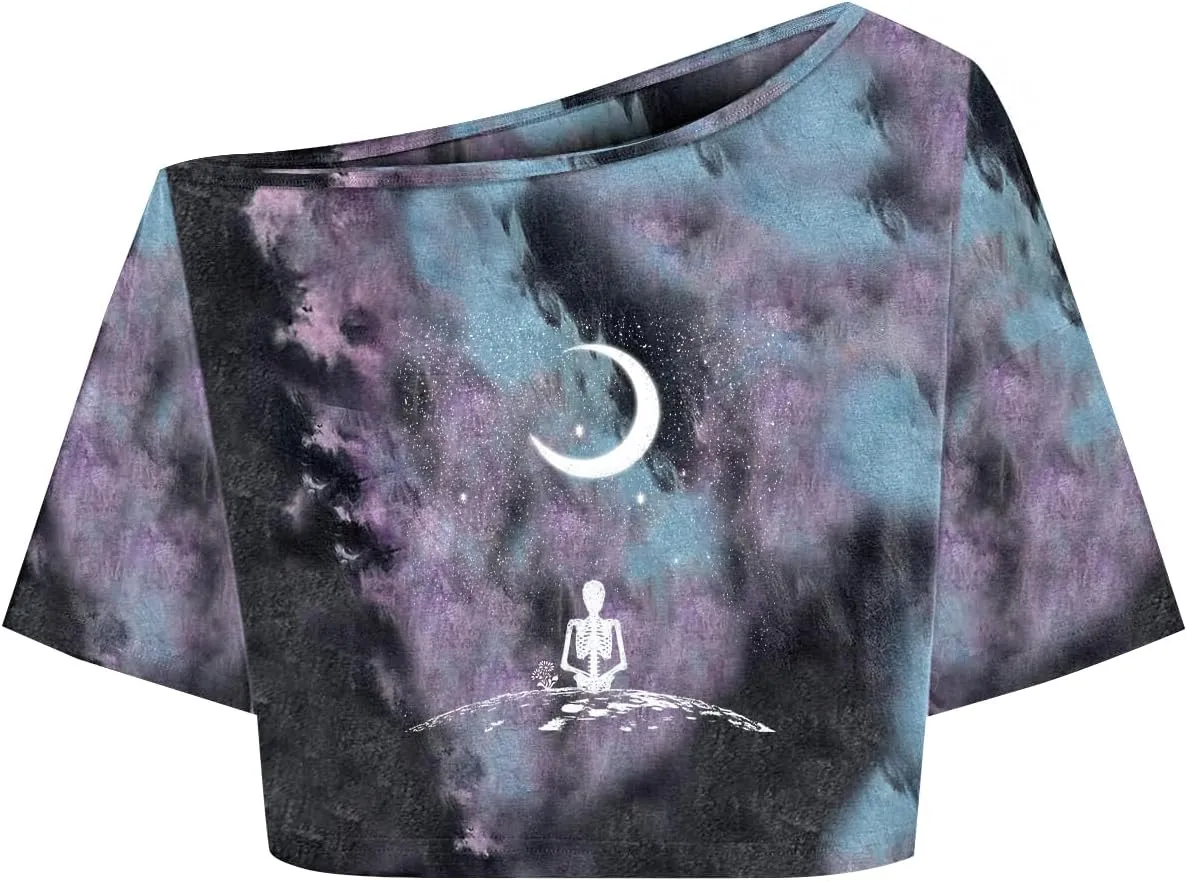 Remidoo Women's Off The Shoulder Graphic Crop Top Tee Half Sleeve Loose Fit T Shirt
