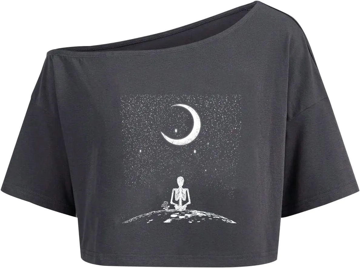 Remidoo Women's Off The Shoulder Graphic Crop Top Tee Half Sleeve Loose Fit T Shirt