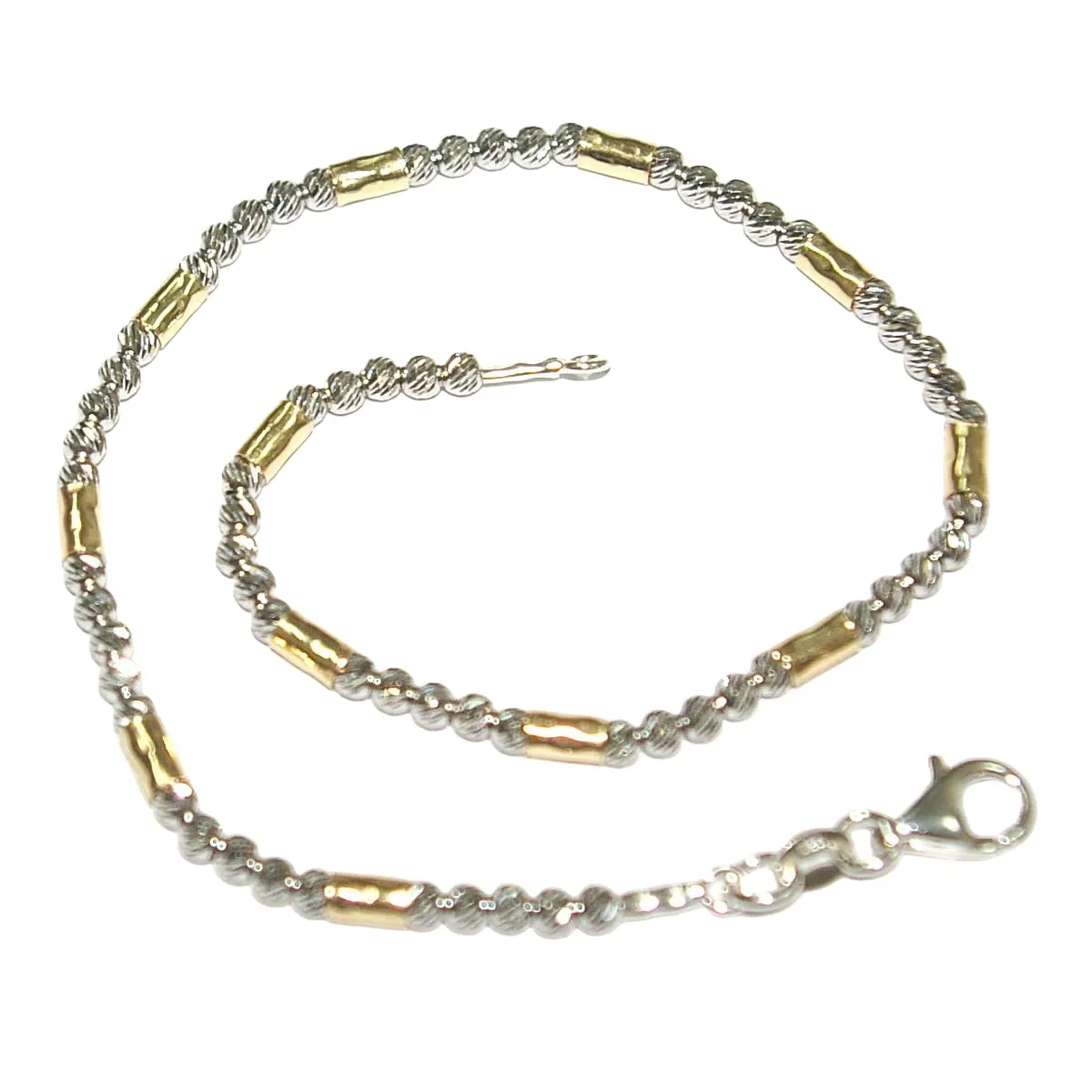 Rhodium Plated 925 Sterling Silver Laser Cut Diamond Cut Beads and 14kt Gold Filled Hammered Tubes Two Tone Anklet - Made to your size