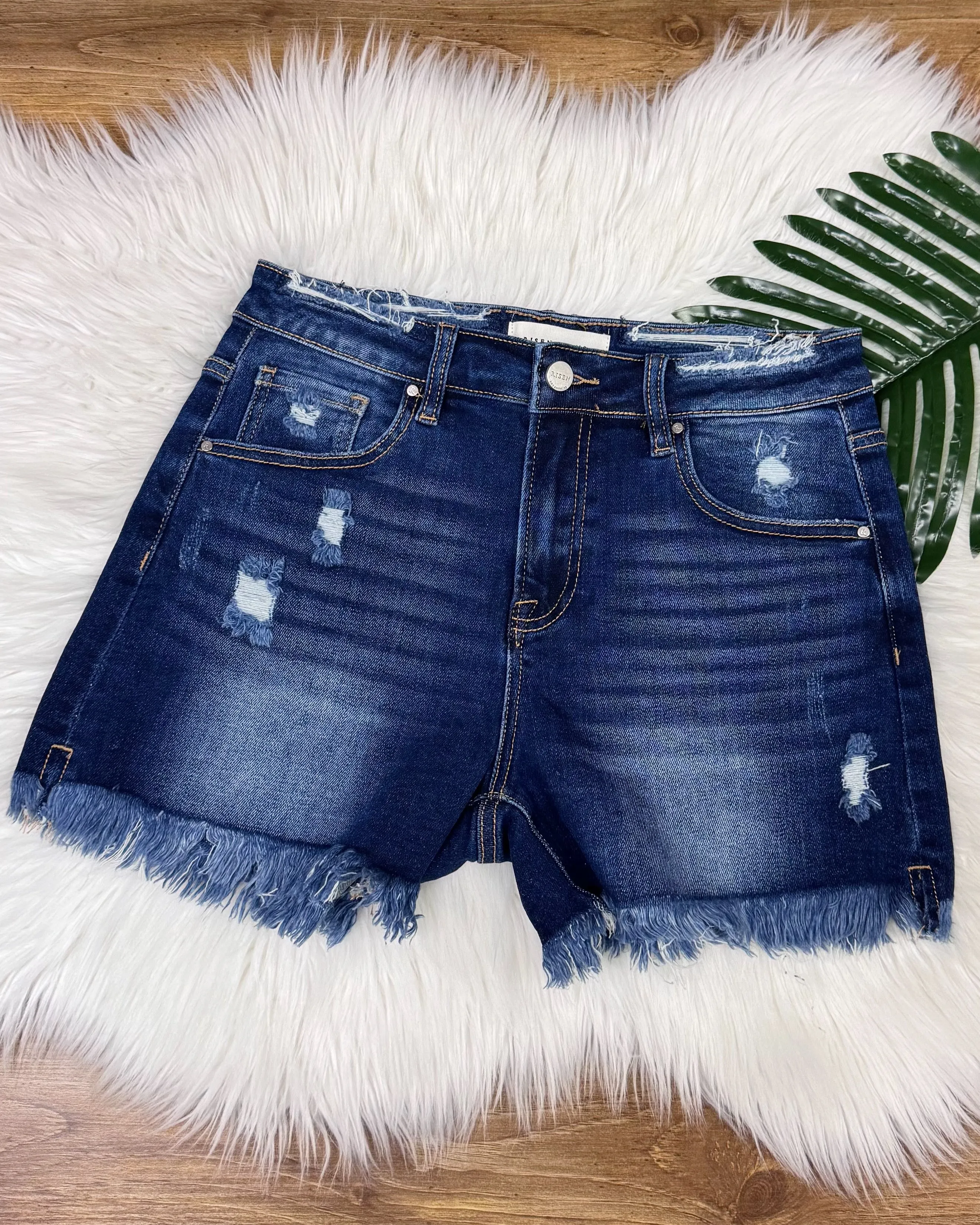 Risen REG/CURVY Dark Wash Distressed Shorts