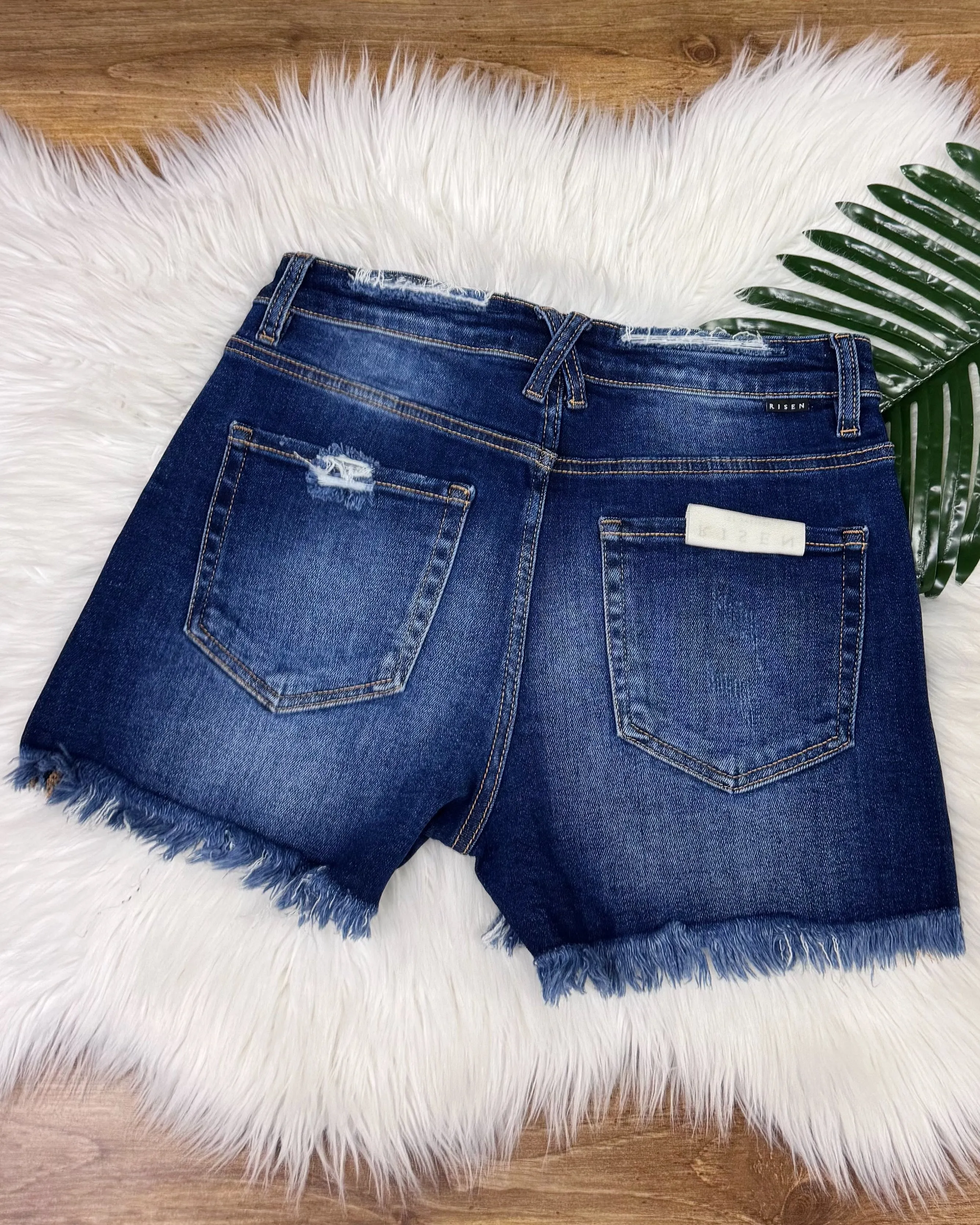 Risen REG/CURVY Dark Wash Distressed Shorts