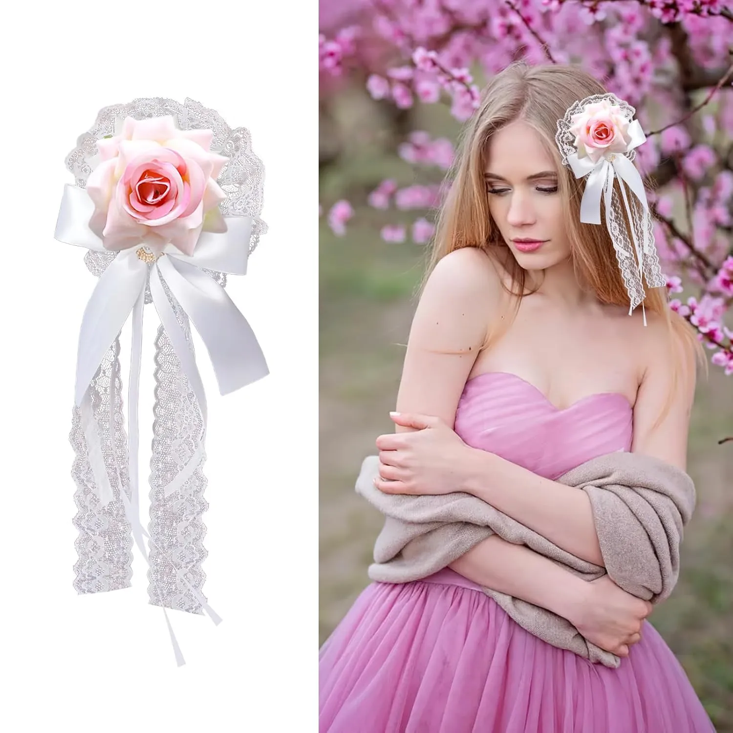 Rose Bow Hair Clip Lolita Gothic Rose Bowknot Lace Ribbon Hairpin for Women Halloween Cosplay Wedding Birthday Party (Pink)