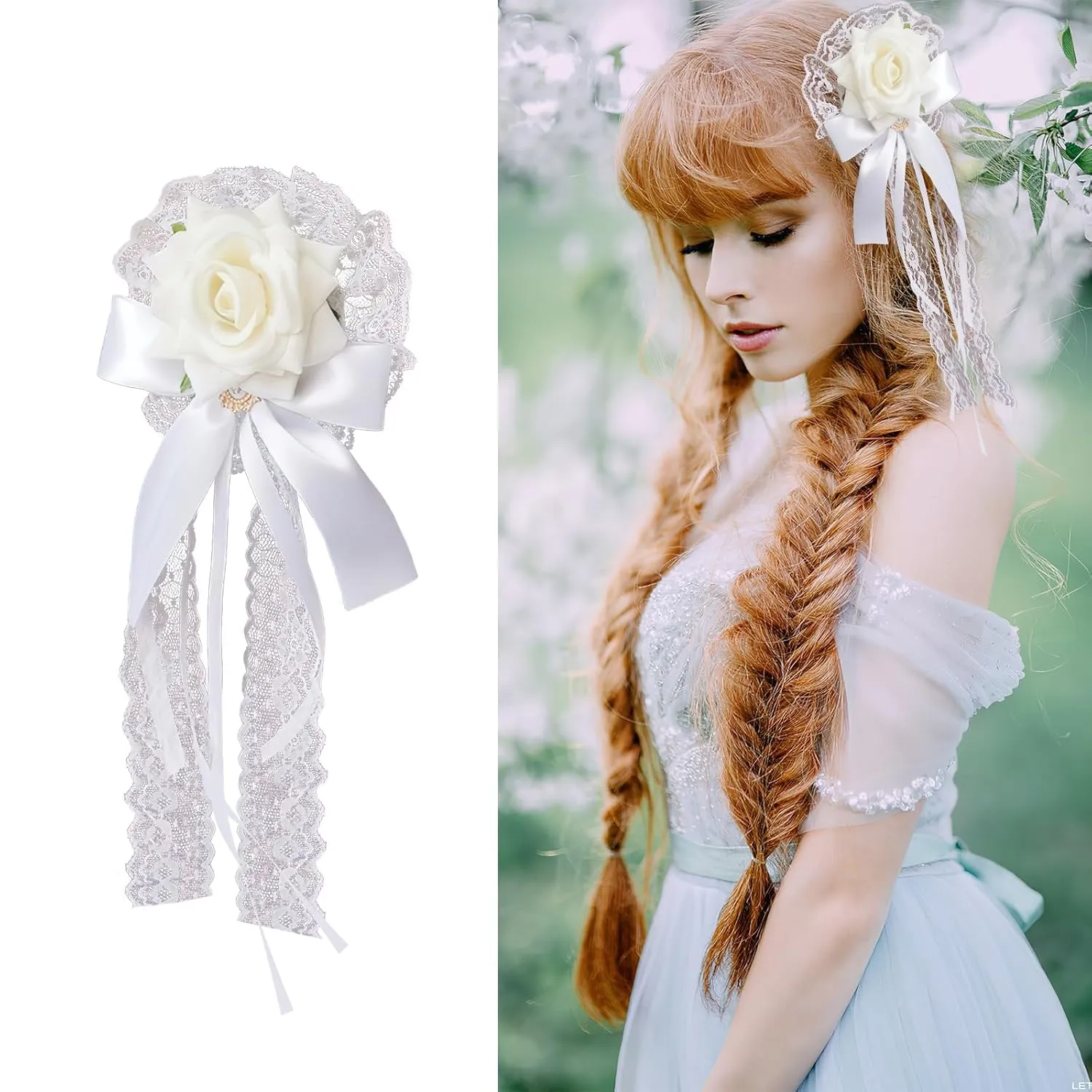 Rose Bow Hair Clip Lolita Gothic Rose Bowknot Lace Ribbon Hairpin for Women Halloween Cosplay Wedding Birthday Party (White)