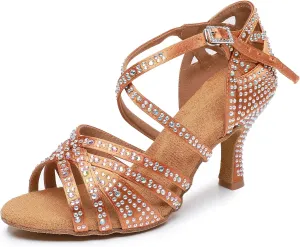 Rosefinch Women's Latin Dance Rhinestone Shoes - Soft Bottom Modern Pole Ballroom Wedding High Heel Adjustable for Girls Ladies