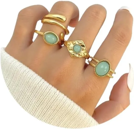 Rrdaily Boho Knuckle Ring Sets for Women,Gold Green Gem Stackable Ring Vintage Green Knuckle Gems Rings Good Luck Midi Finger Rin Aesthetic Statement Thumb Ring Set Jewelry